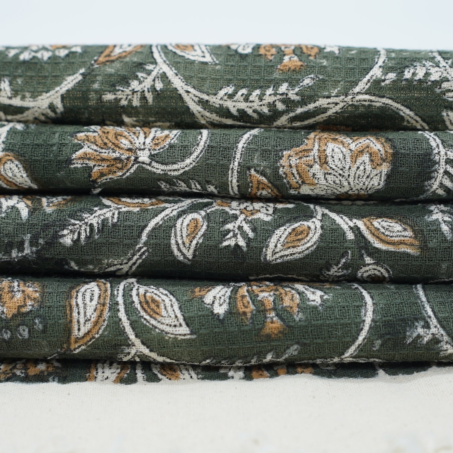 Handmade Cotton Waffle Towels - Block Printed Design For Small Bathrooms And Hotels Saraswati Dark Green By Fabdivine