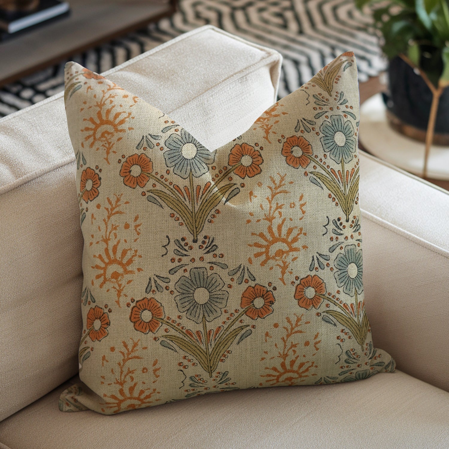 Handblock Printed Orange Floral Lumber Pillow Cover in Durable Thick Linen - Vanshika By Fabdivine