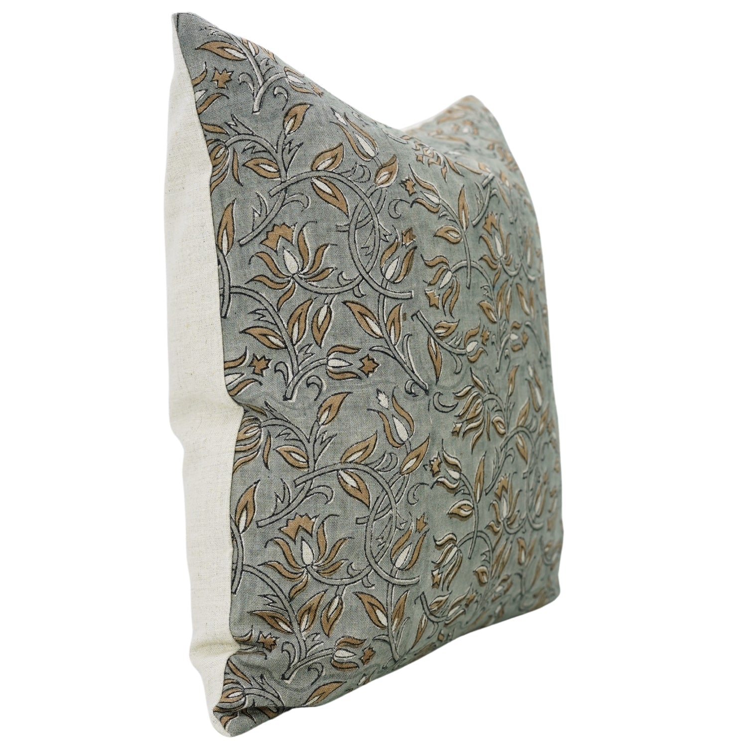 Block Printed Pillow Cover Gray & Green Pure Linen For Bed KAMALDUTTA By Fabdivine