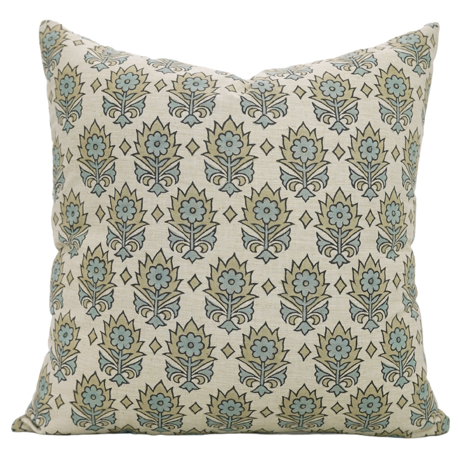 Blue Floral Hand Block Printed Square Pillow Cover – Linen Blend