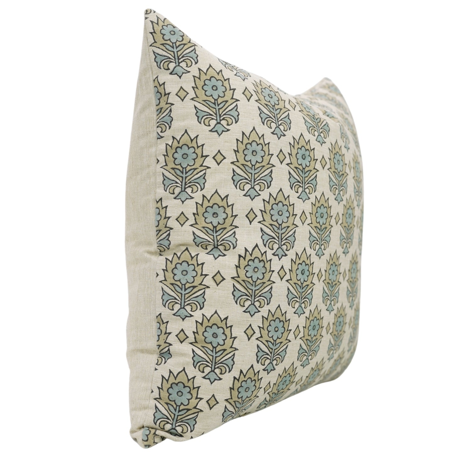 Blue Floral Hand Block Printed Square Pillow Cover – Linen Blend