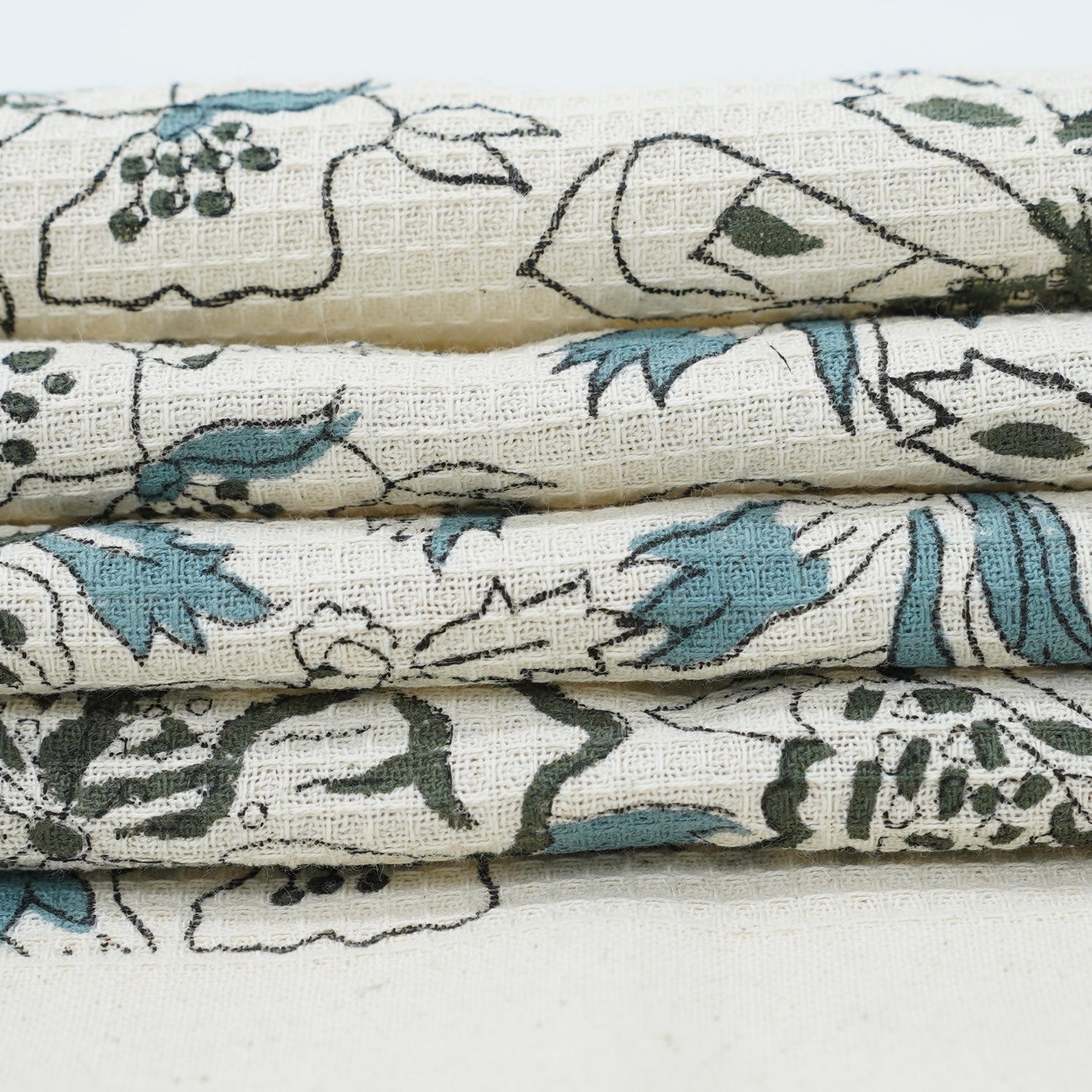 Block Printed Waffle Floral Hand Towels Papaya Leaf Aqua By Fabdivine