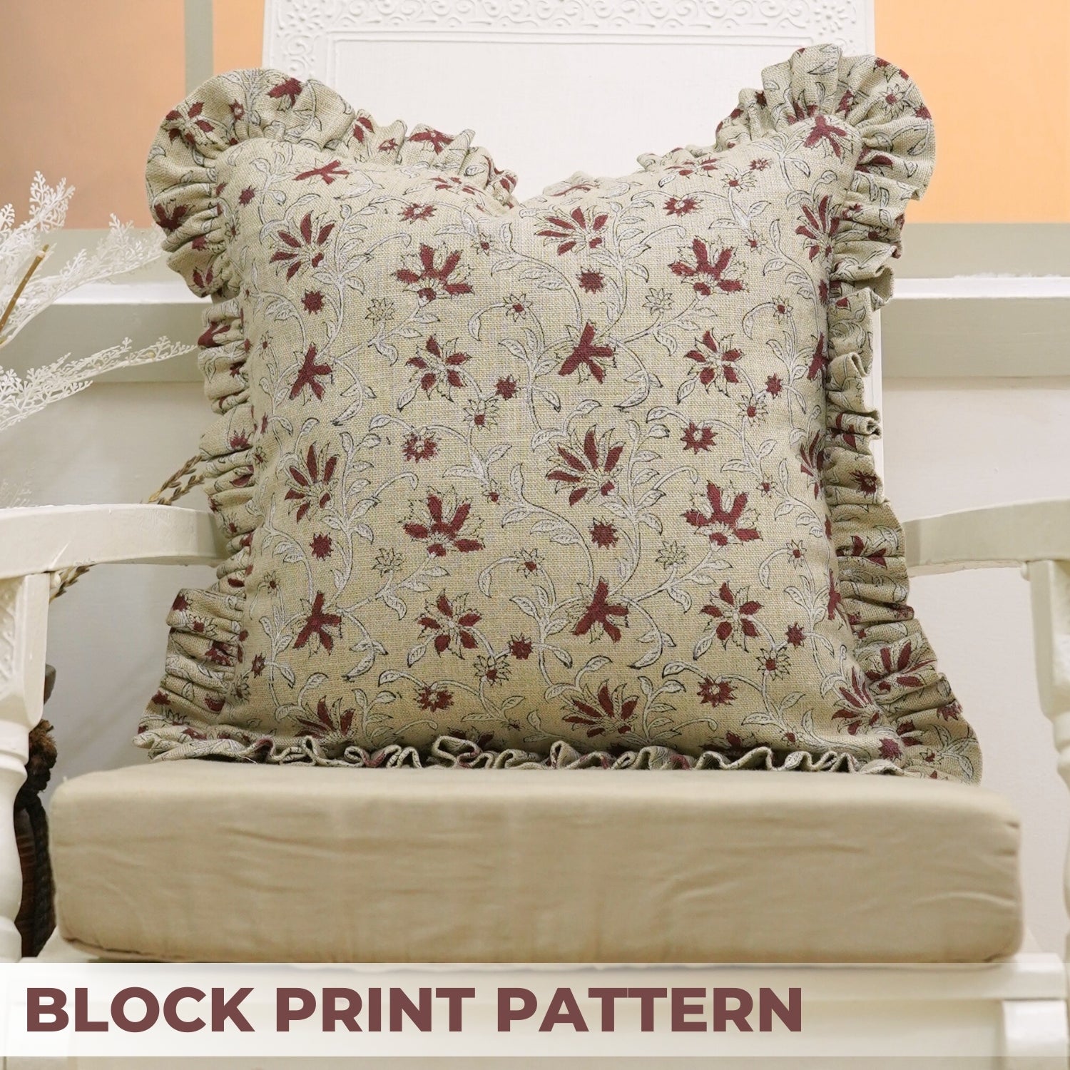 Block Print Thick Linen Pink Frill Pillow Cover-Aradhana