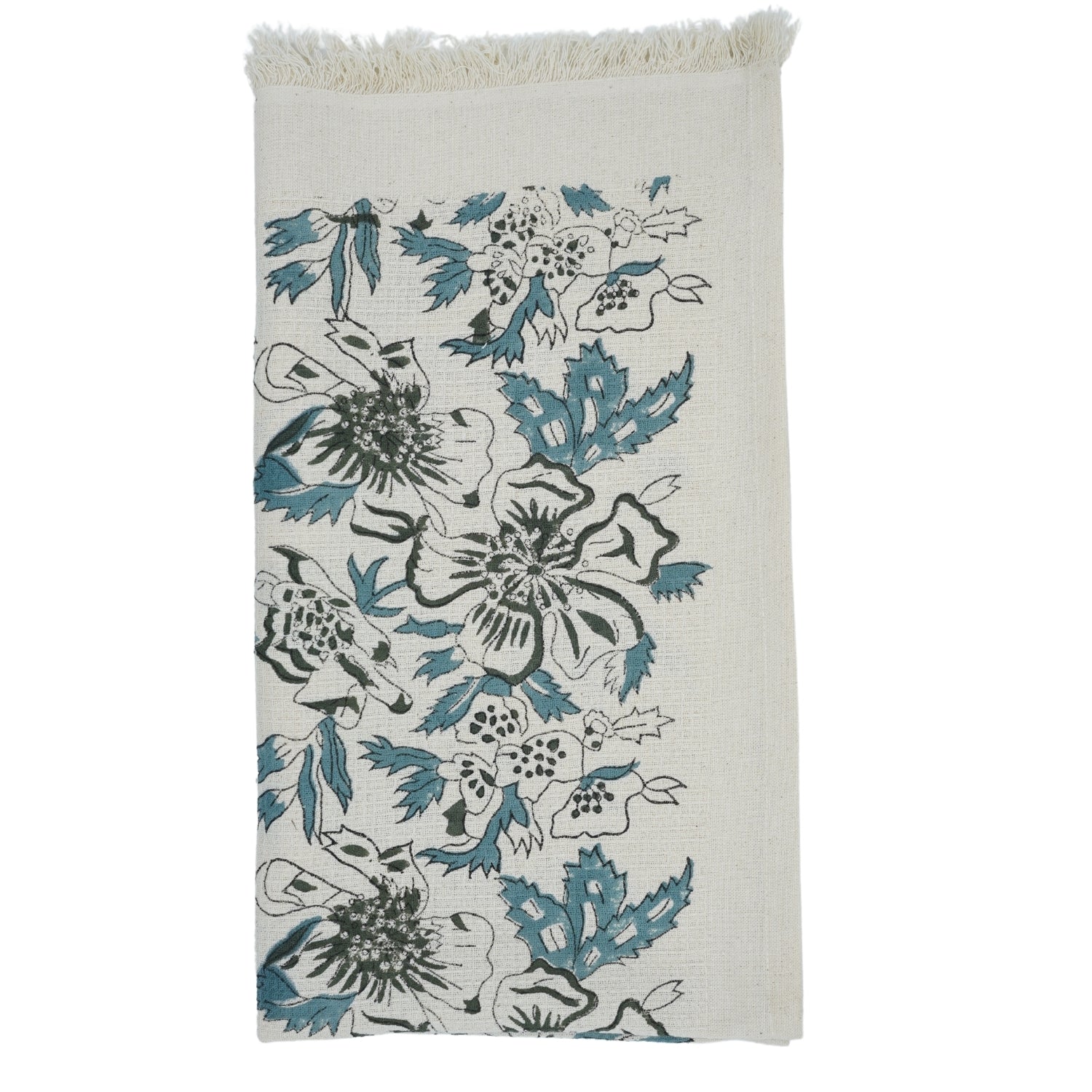 Block Printed Waffle Floral Hand Towels Papaya Leaf Aqua By Fabdivine