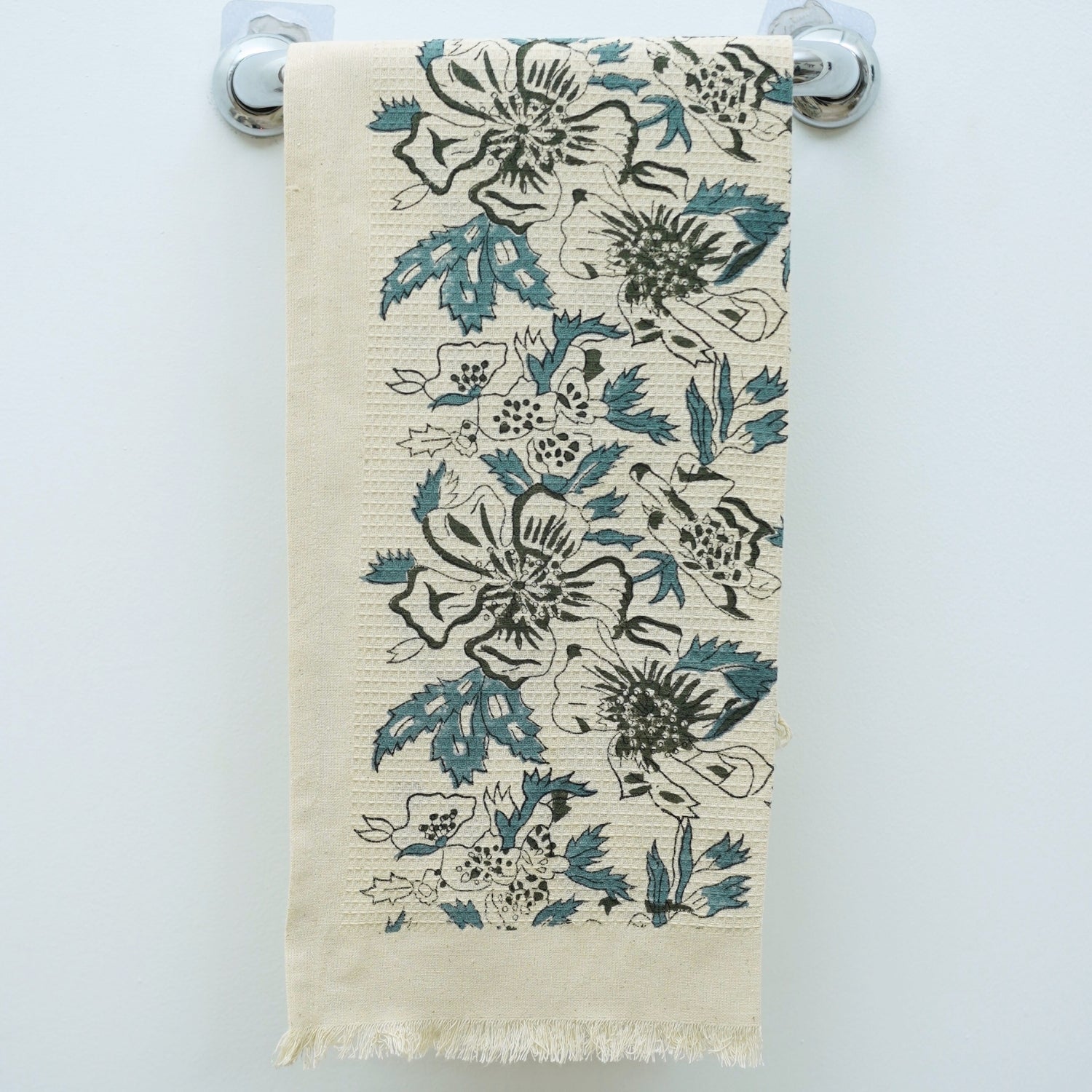 Block Printed Waffle Floral Hand Towels Papaya Leaf Aqua By Fabdivine