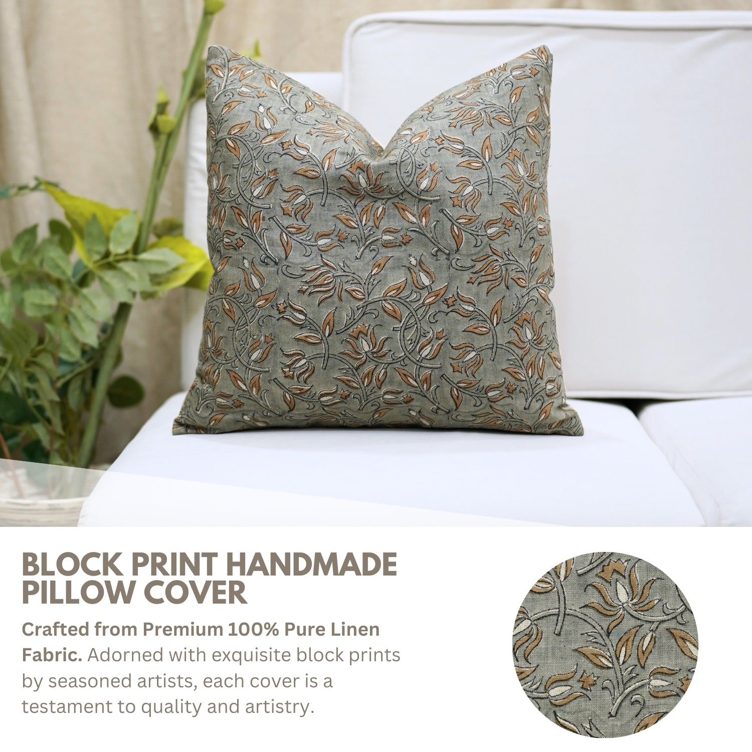 Block Printed Pillow Cover Gray & Green Pure Linen For Bed KAMALDUTTA By Fabdivine