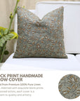 Block Printed Pillow Cover Gray & Green Pure Linen For Bed KAMALDUTTA By Fabdivine