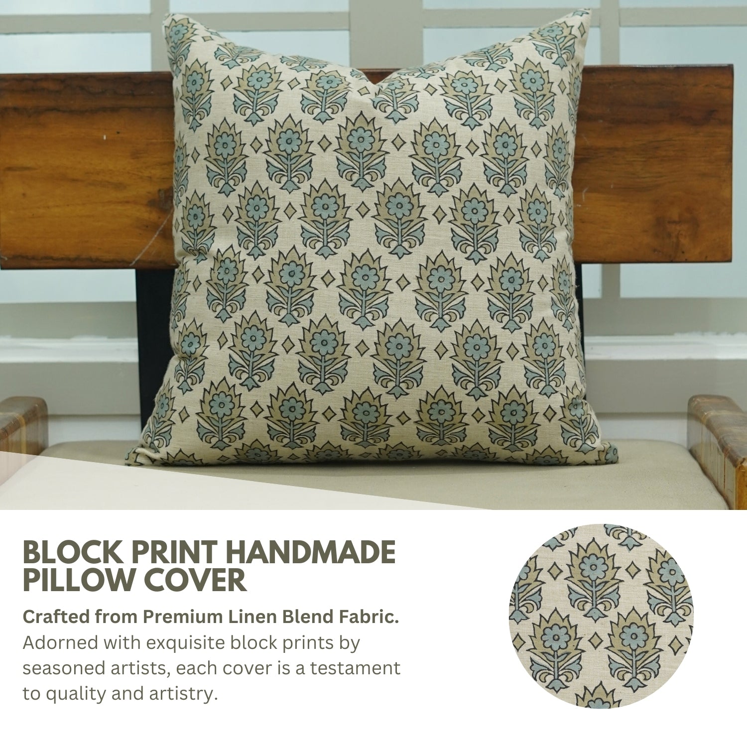 Blue Floral Hand Block Printed Square Pillow Cover – Linen Blend