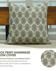 Blue Floral Hand Block Printed Square Pillow Cover – Linen Blend