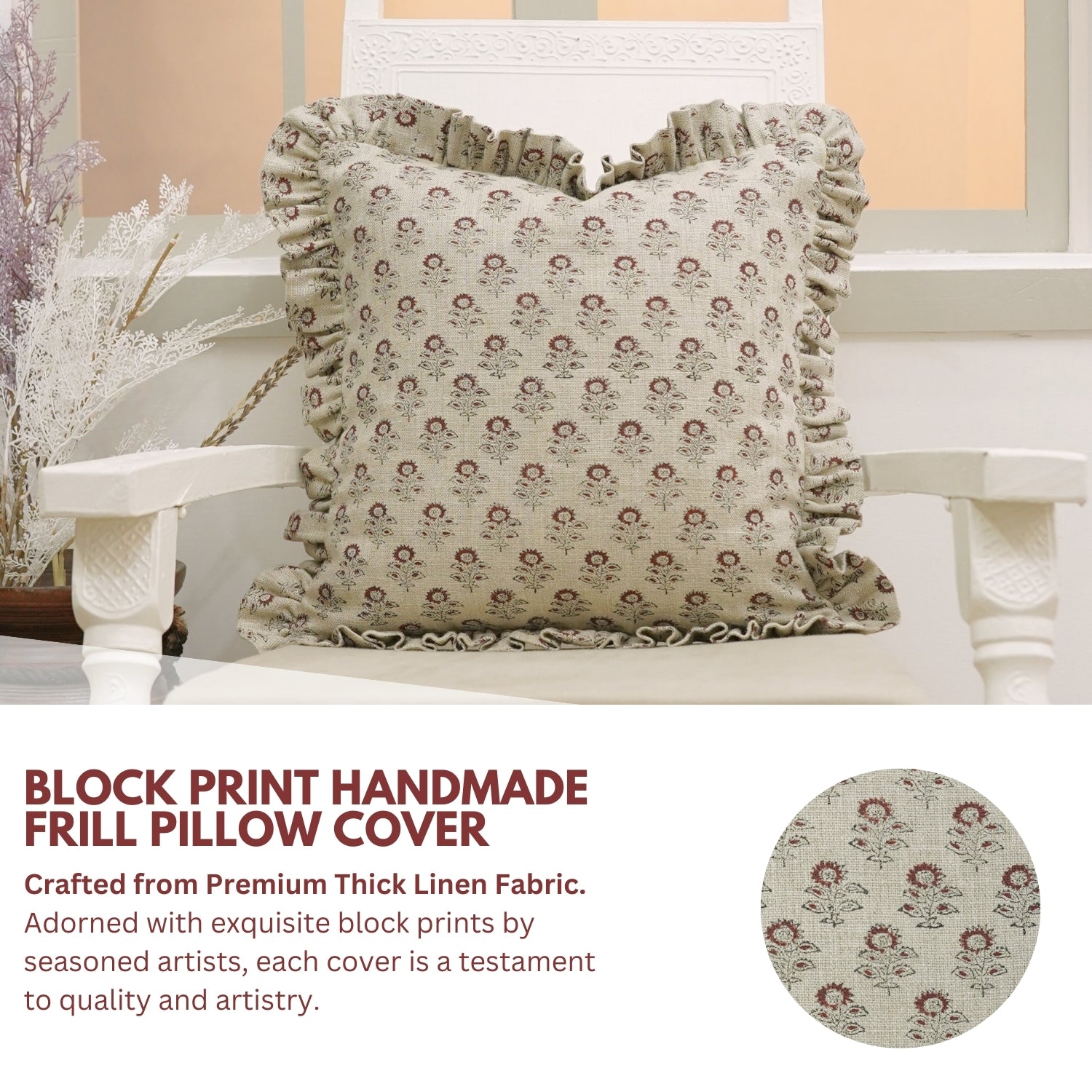 Block Printed Floral Living Room Thick Linen Pillow Cover - Bagru Buti