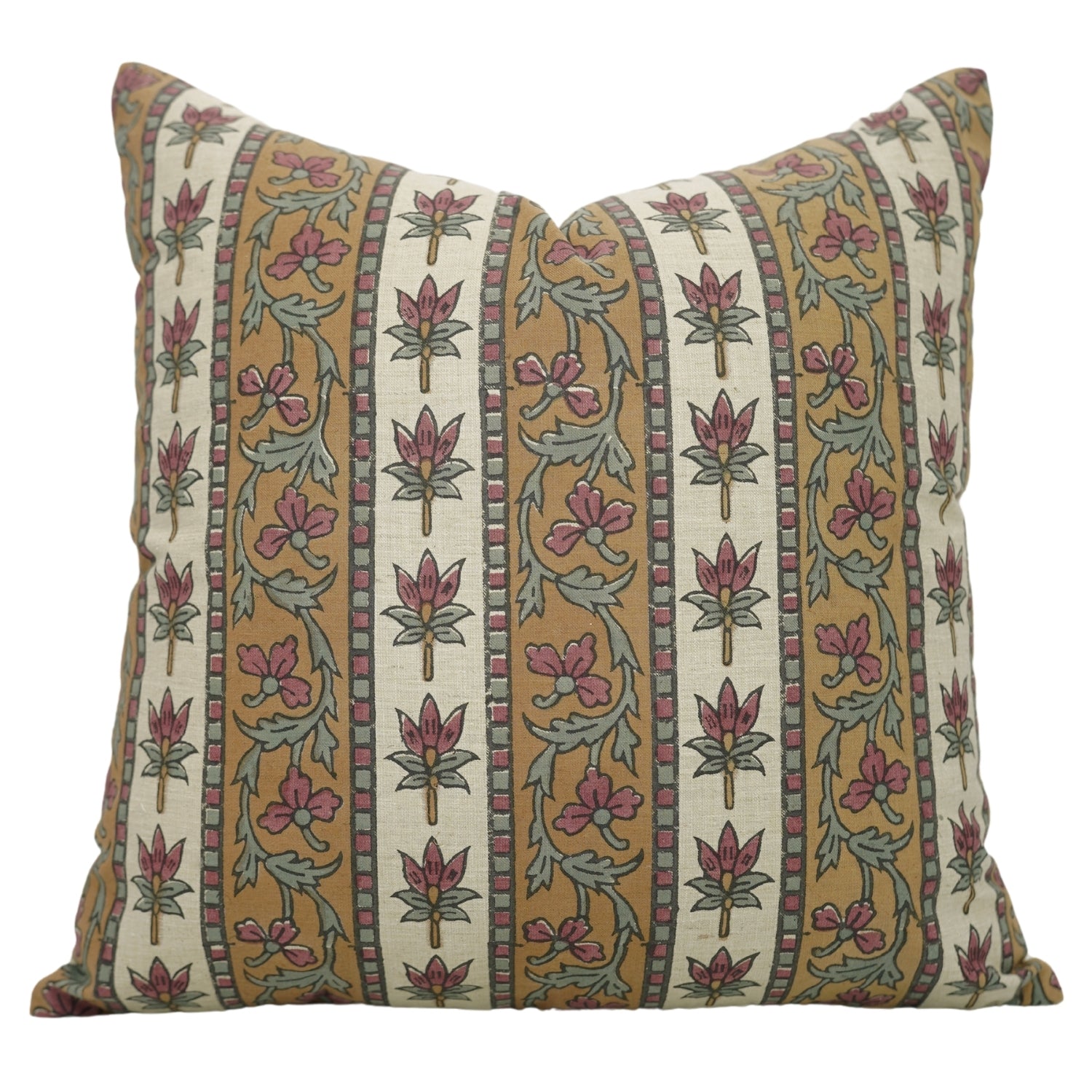 Handblock Printed Throw Cushion Case – Pink, Brown & Gray Linen Blend