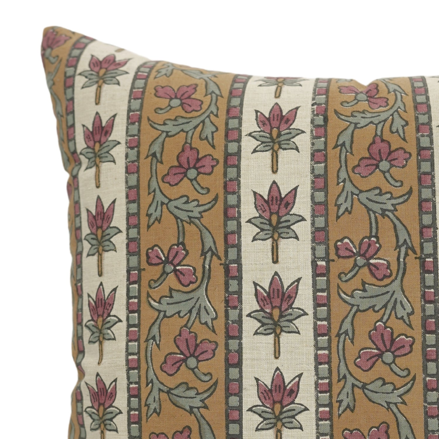 Handblock Printed Throw Cushion Case – Pink, Brown & Gray Linen Blend