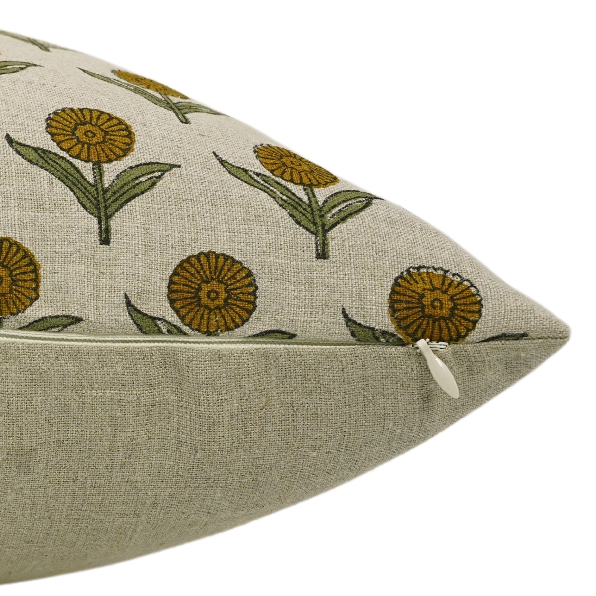 Handmade Floral Boho Cushion Case - Ganda Pushpa Mustard Color in Pure Linen By Fabdivine