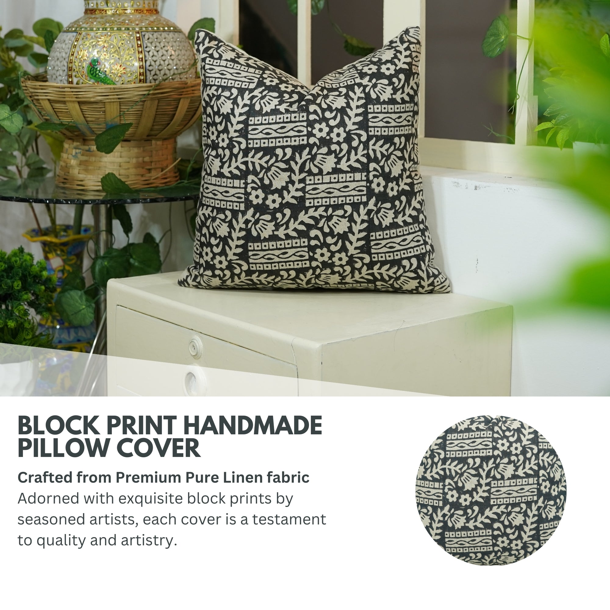 Handmade Black Pure Linen Pillow Cover - Mumtaj