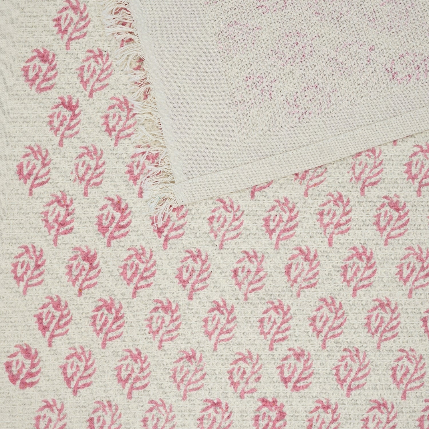 Handmade Leaf Printed Cotton Waffle Towels Quick Dry - Murli Pink By Fabdivine