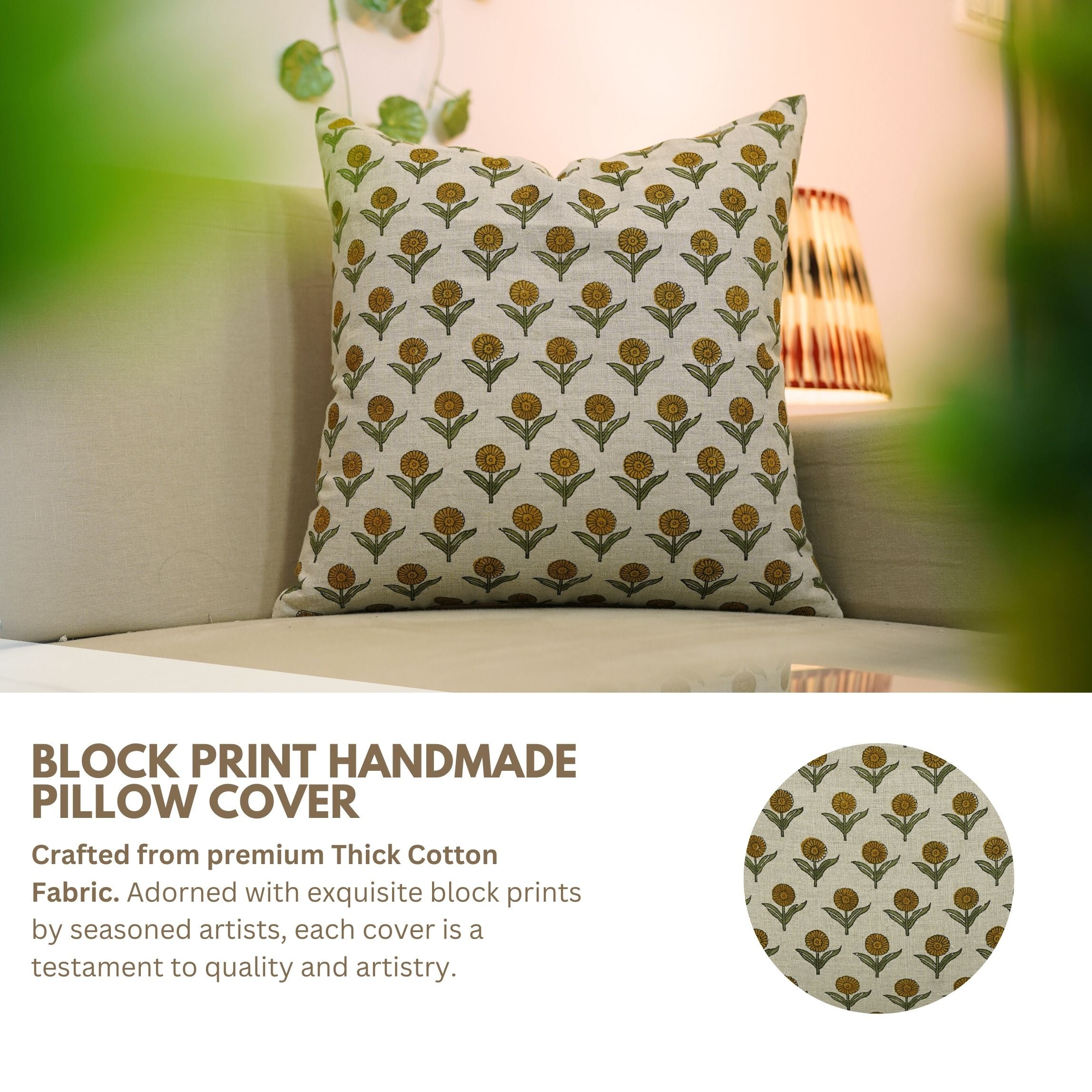 Block print Pure Linen throw pillow cover- GENDA PUSHAP - Fabdivine