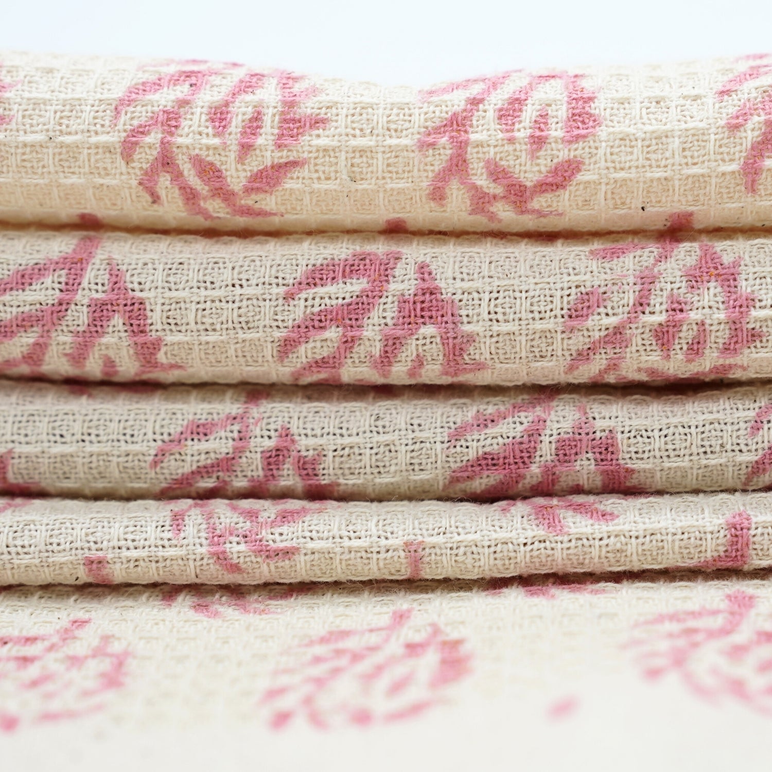 Handmade Leaf Printed Cotton Waffle Towels Quick Dry - Murli Pink By Fabdivine