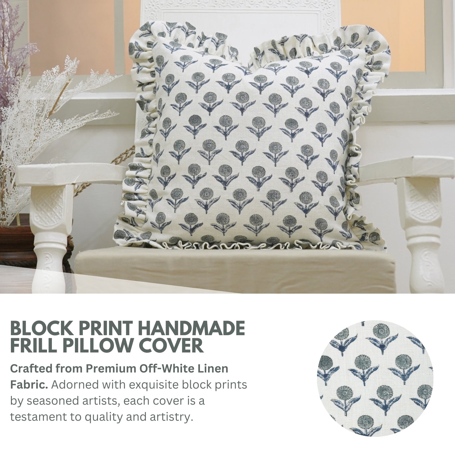 Block Print Off-White Linen Frill Pillow Cover-Genda Pushpa