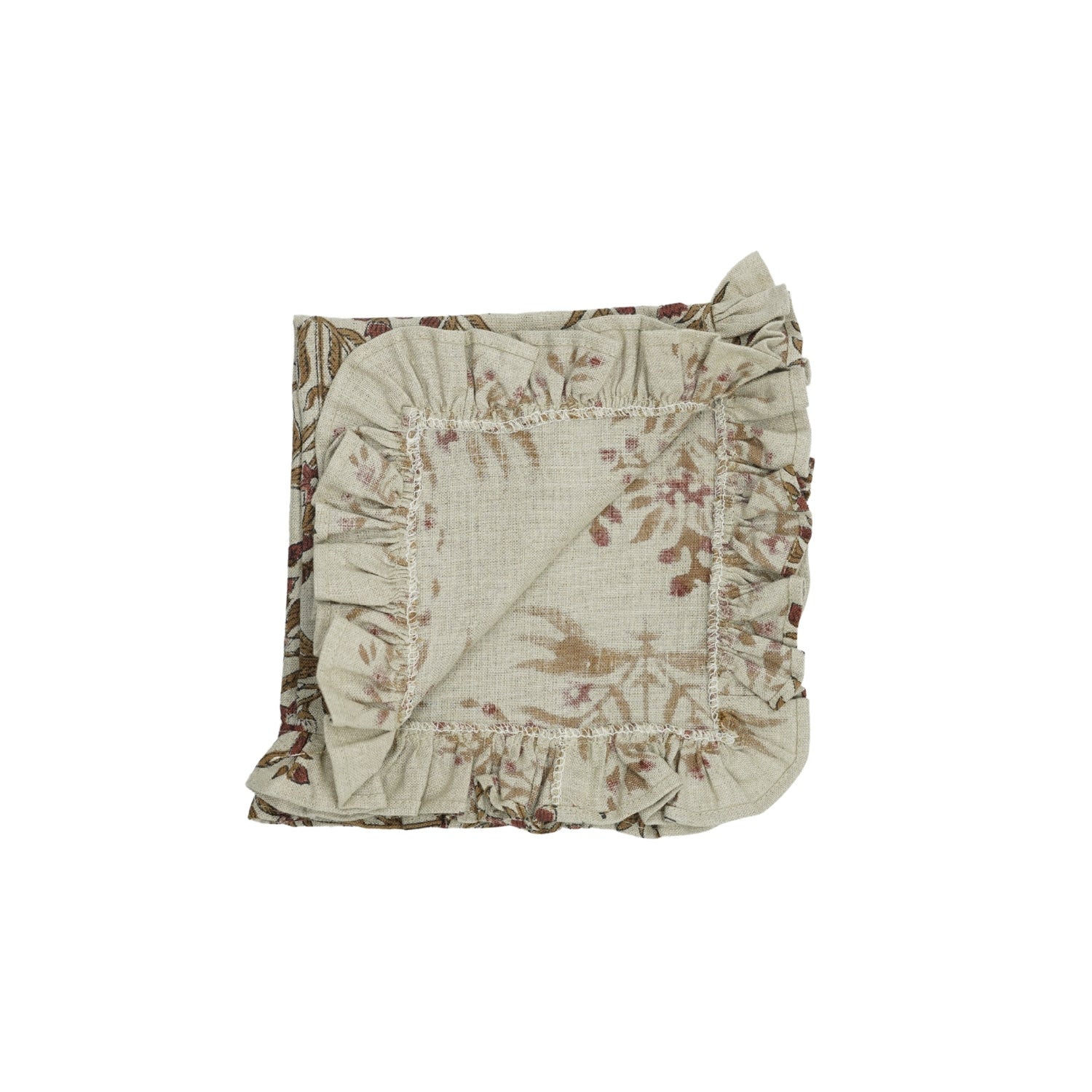 Pure Linen Handblock Printed Frill Pleated Edge Napkins Virandavan Rust Floral Print