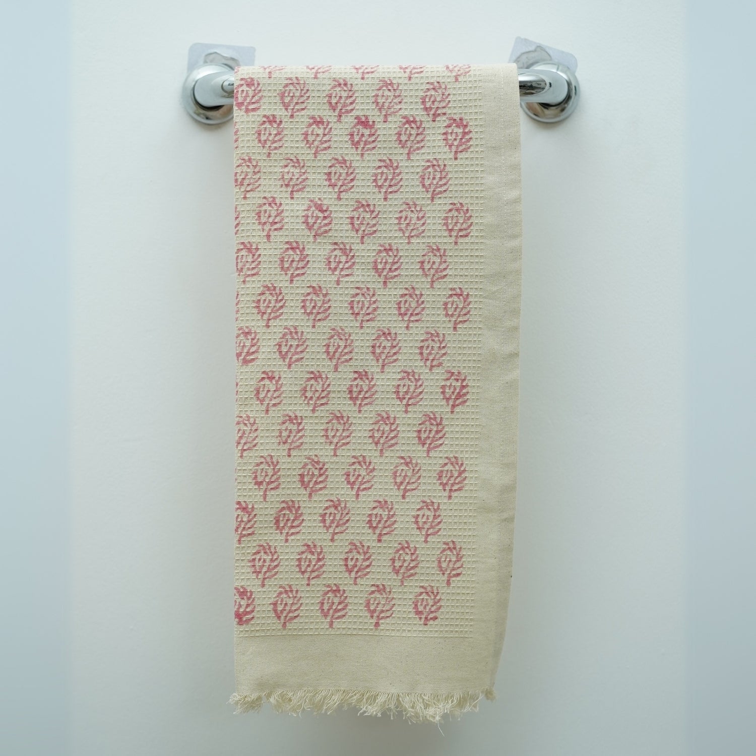 Handmade Leaf Printed Cotton Waffle Towels Quick Dry - Murli Pink By Fabdivine