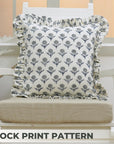 Block Print Off-White Linen Frill Pillow Cover-Genda Pushpa