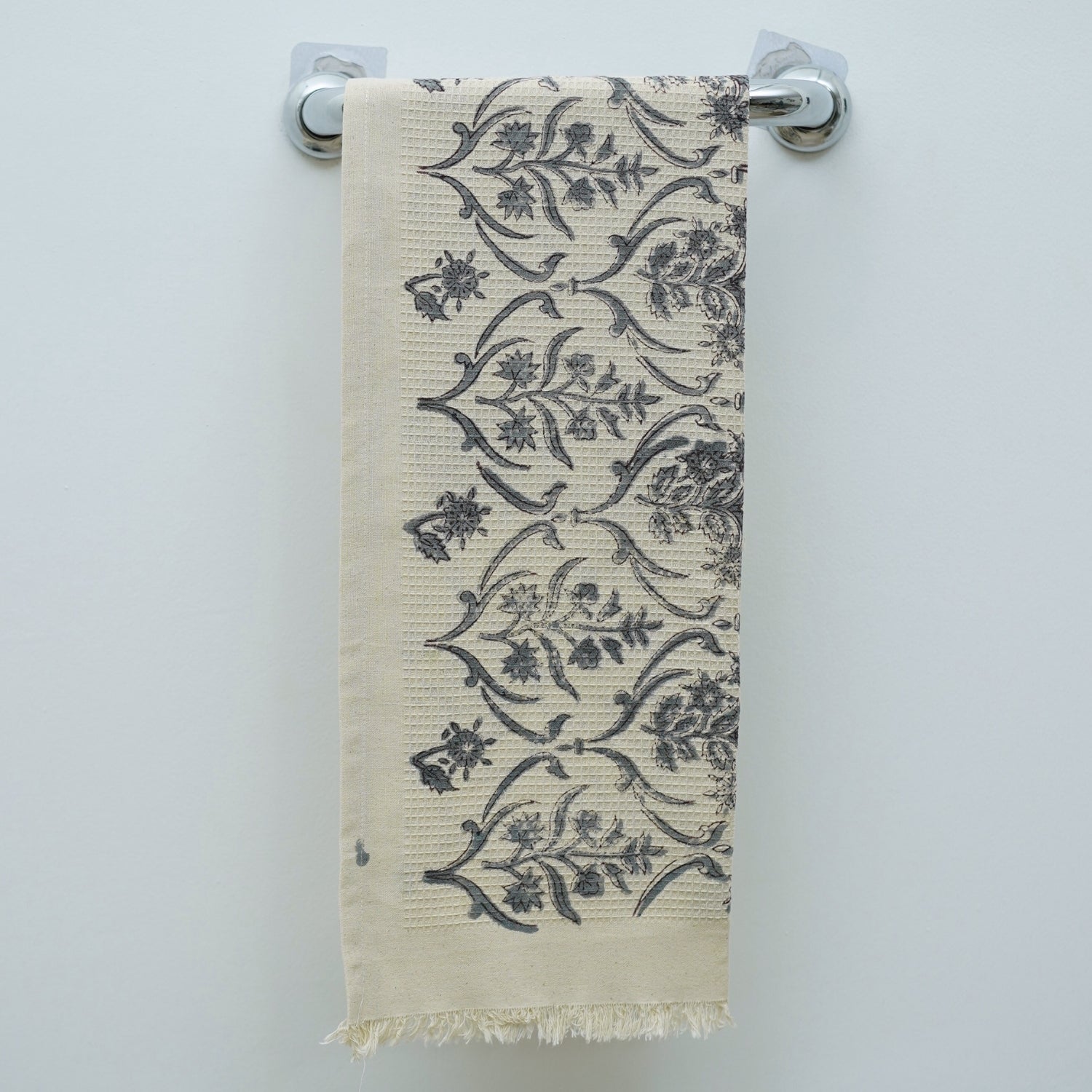 Handmade Cotton Towels Block Printed Waffle Weave For Washrooms and Kitchens - Vishalpushp Gray By Fabdivine