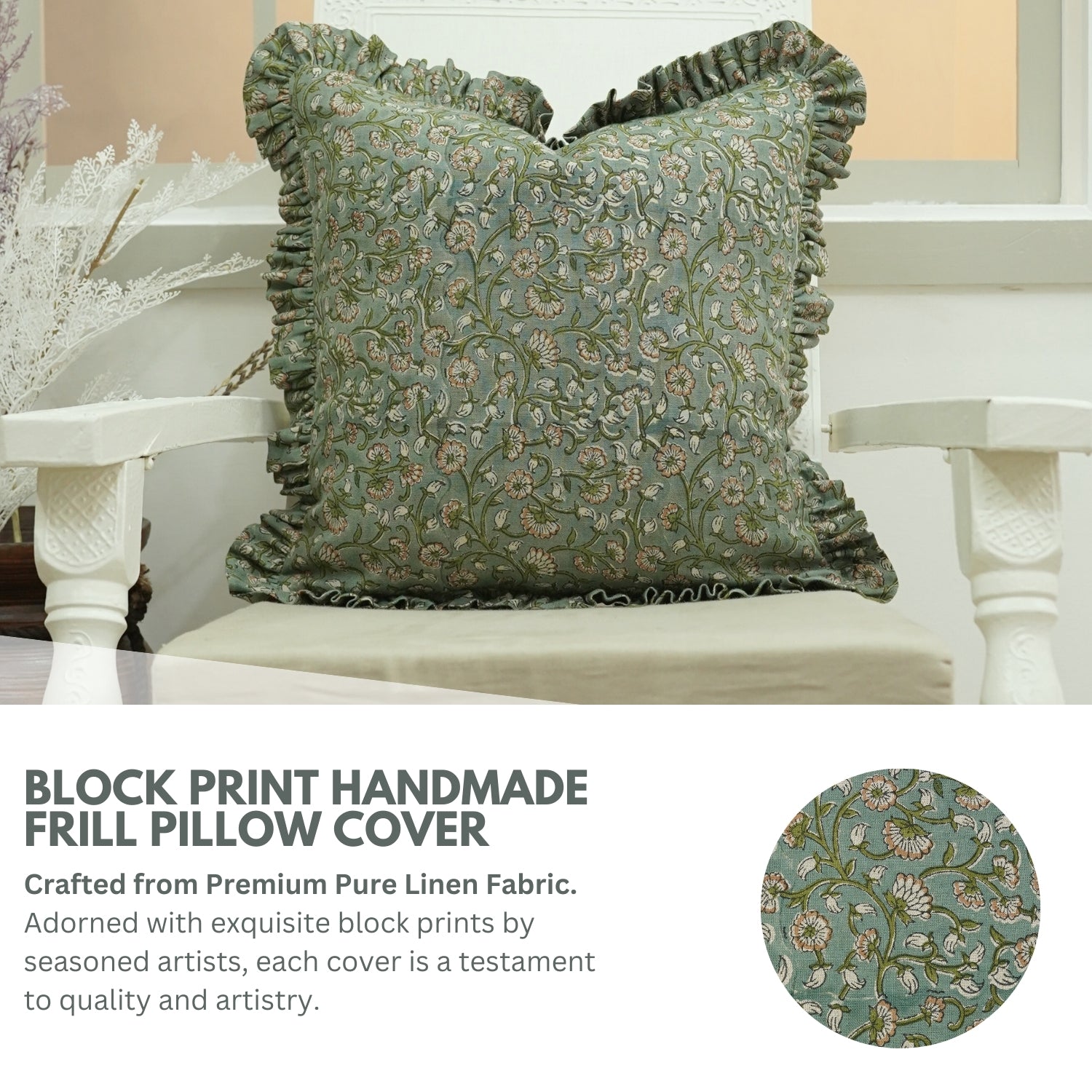 Block Print Pure Linen Frill Pillow Cover-Himachal