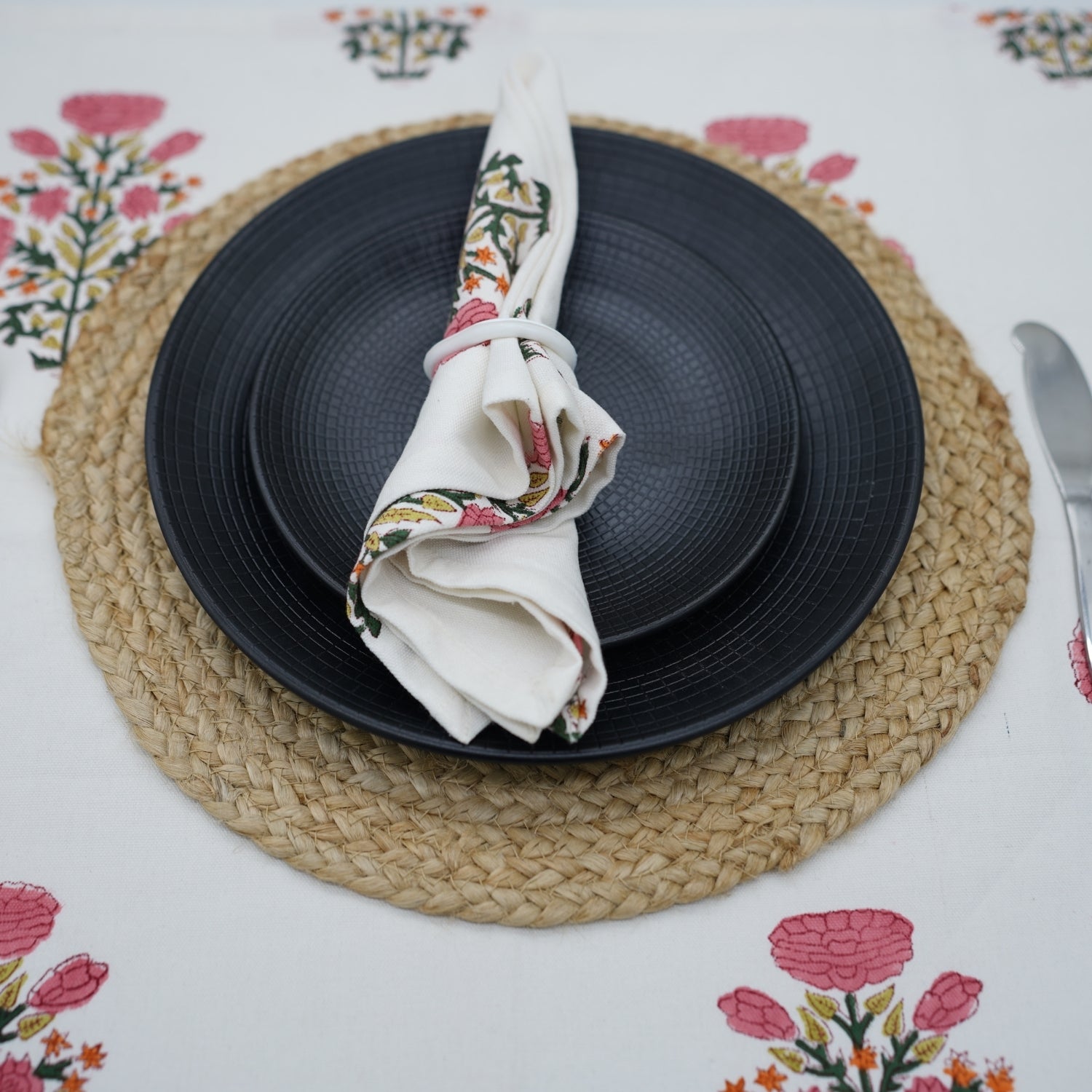 Set Of 4 Floral Pink Hand Block Printed Table Napkin-Swadesh