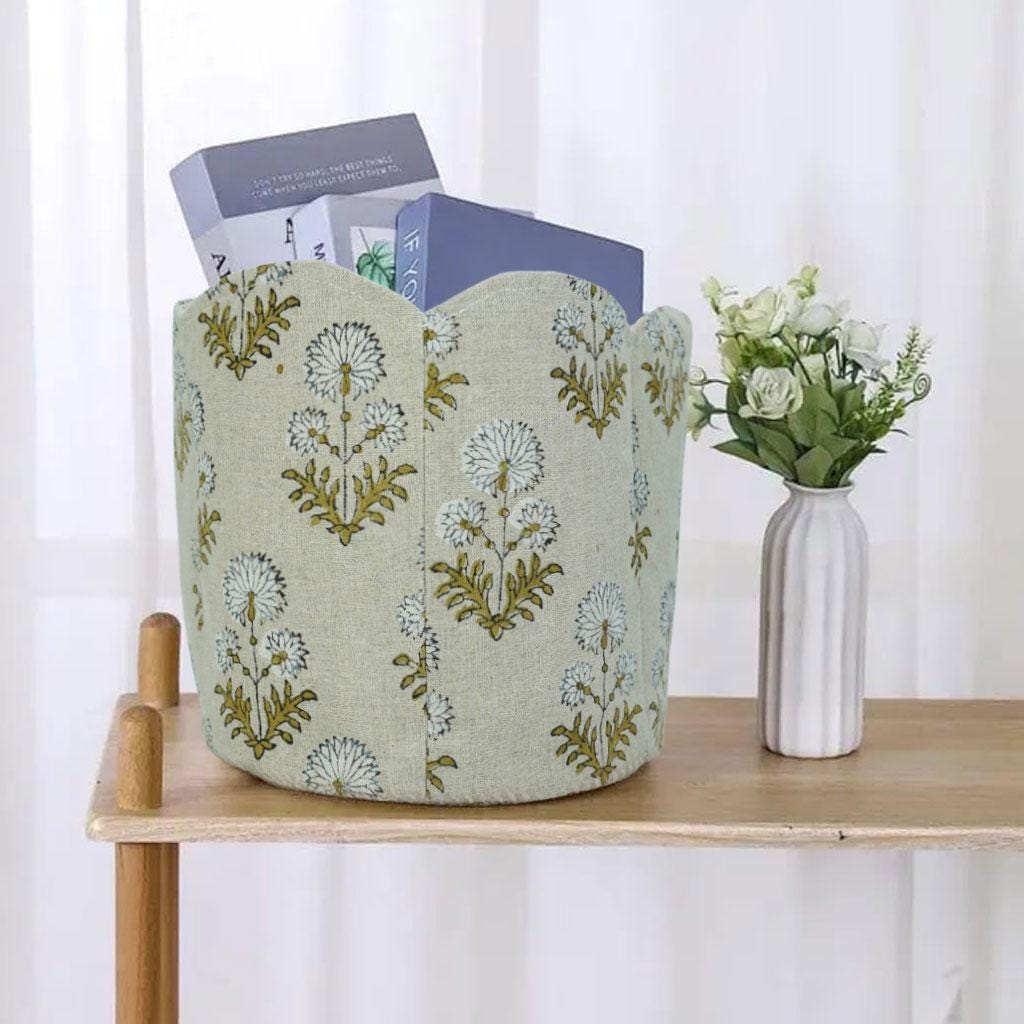 HANDMADE LINEN BASKETS BLOCK PRINTED FLORAL ORGANIZER BEAUTY &amp; HOME - RISHI PRINT