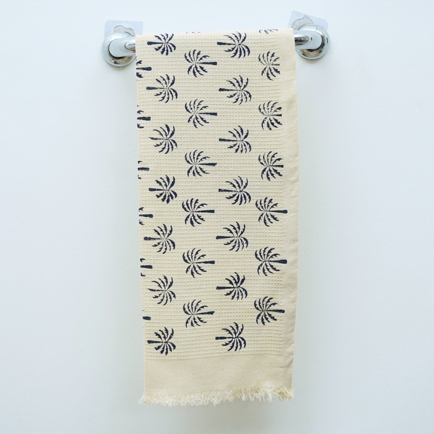 HandBlock Printed Cotton Guest Waffle Hand Towel Plum Tree Dark Blue By Fabdivine