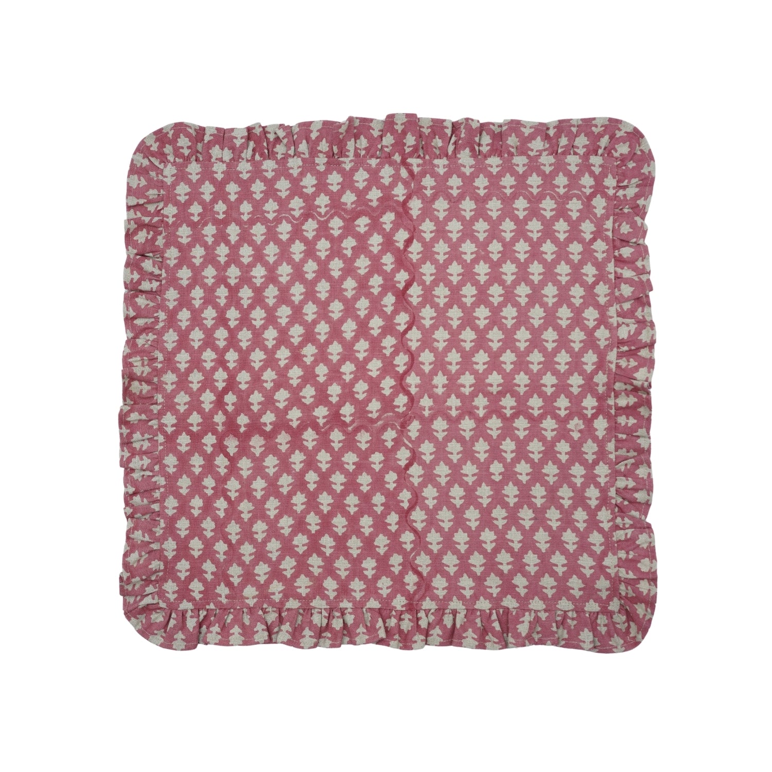 Floral Handblock Printed Frill Adorned Linen Table Napkins PinkCity Fabric in Pink Color