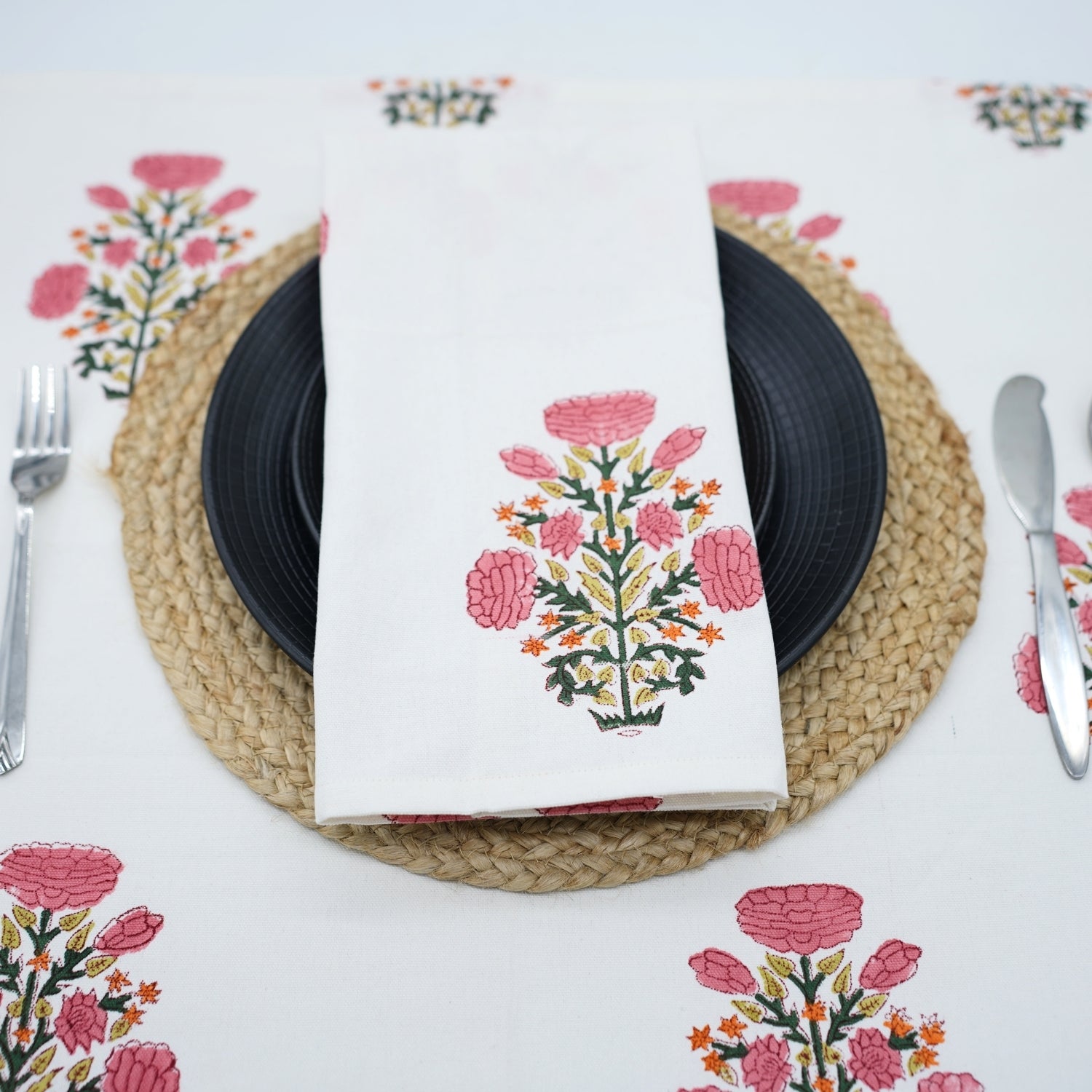 Set Of 4 Floral Pink Hand Block Printed Table Napkin-Swadesh