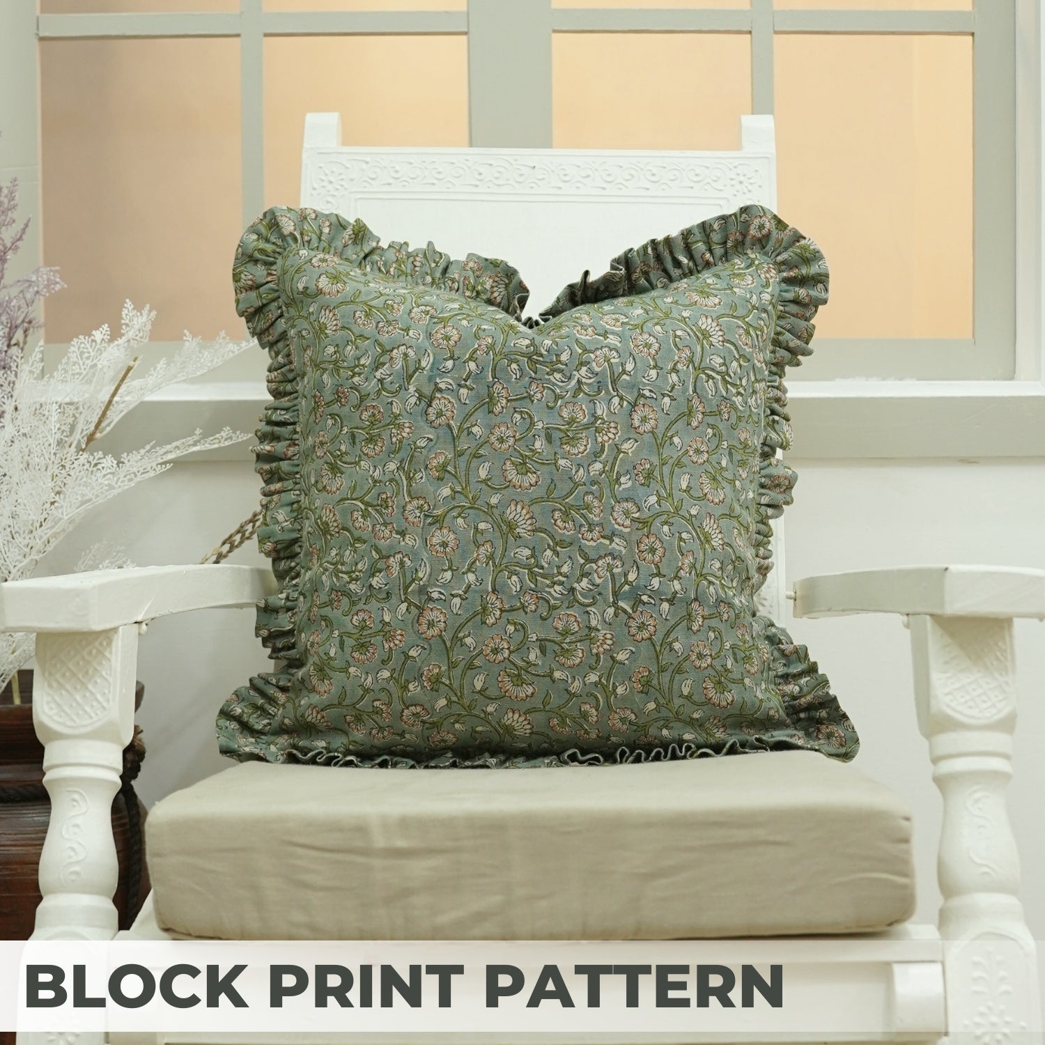 Block Print Pure Linen Frill Pillow Cover-Himachal