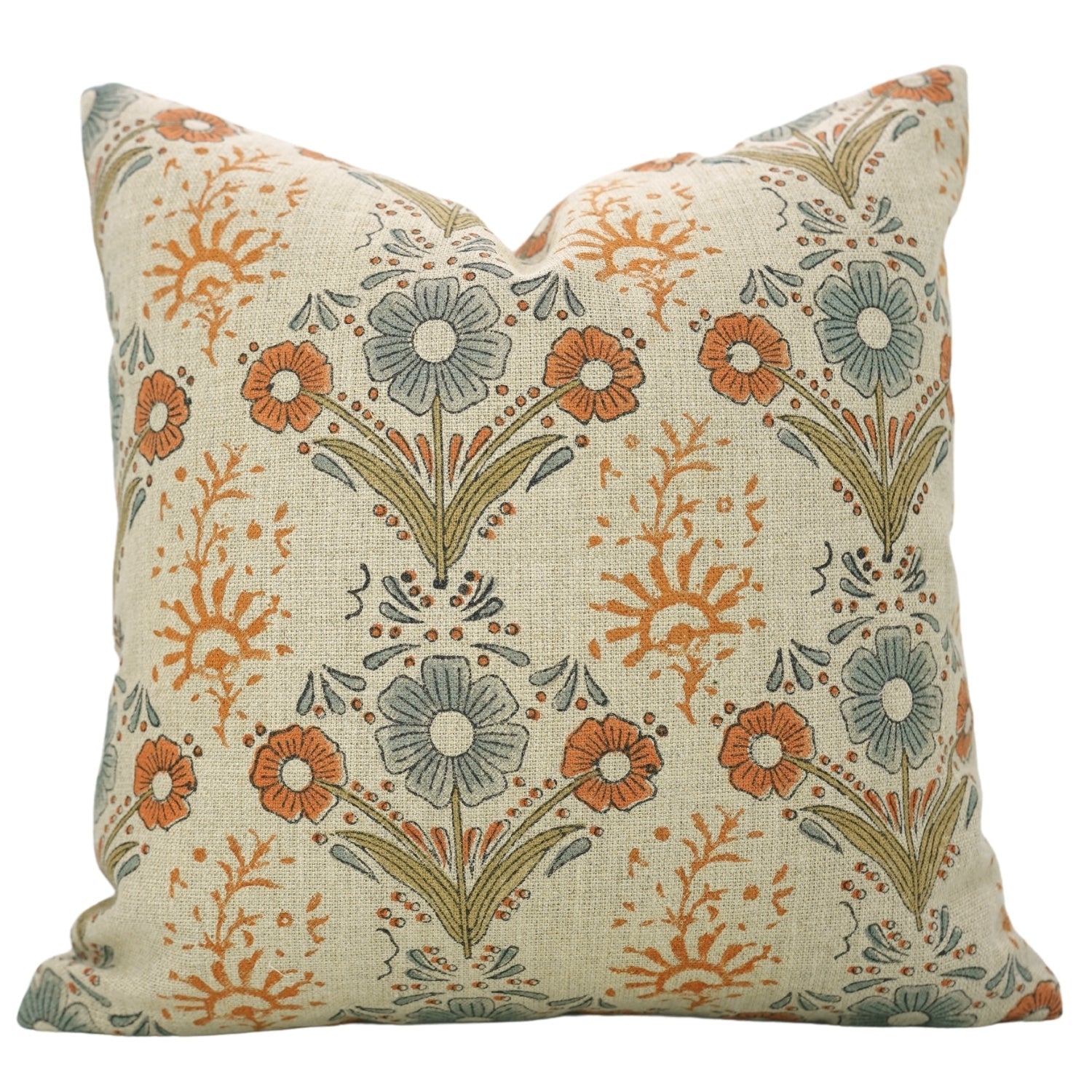 Handblock Printed Orange Floral Lumber Pillow Cover in Durable Thick Linen - Vanshika By Fabdivine