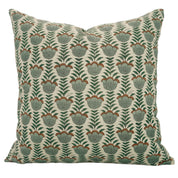 Hand Block Printed Cushion Case with Brown,Gray and Green Leaf Floral Design