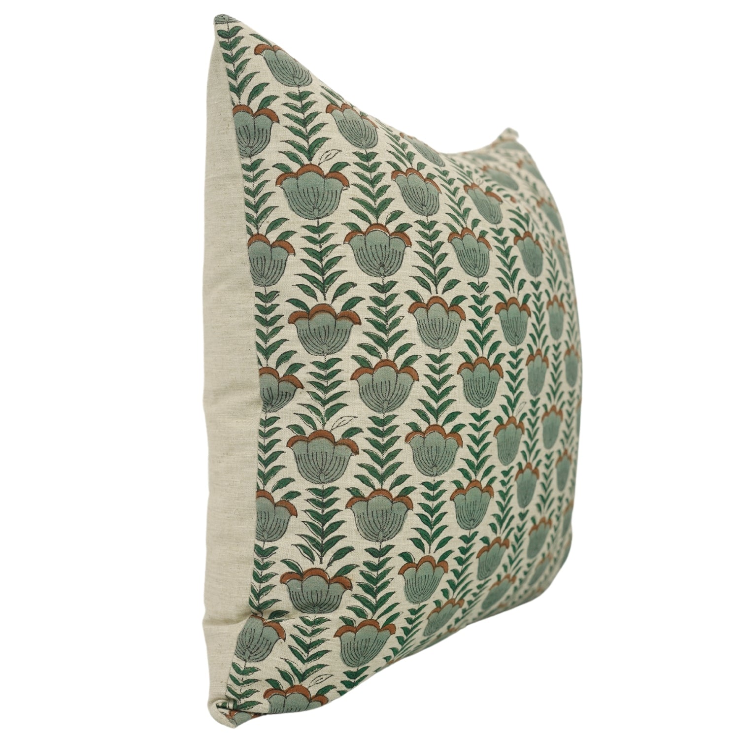 Hand Block Printed Cushion Case with Brown,Gray and Green Leaf Floral Design