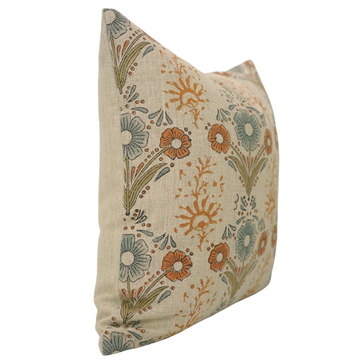 Handblock Printed Orange Floral Lumber Pillow Cover in Durable Thick Linen - Vanshika By Fabdivine