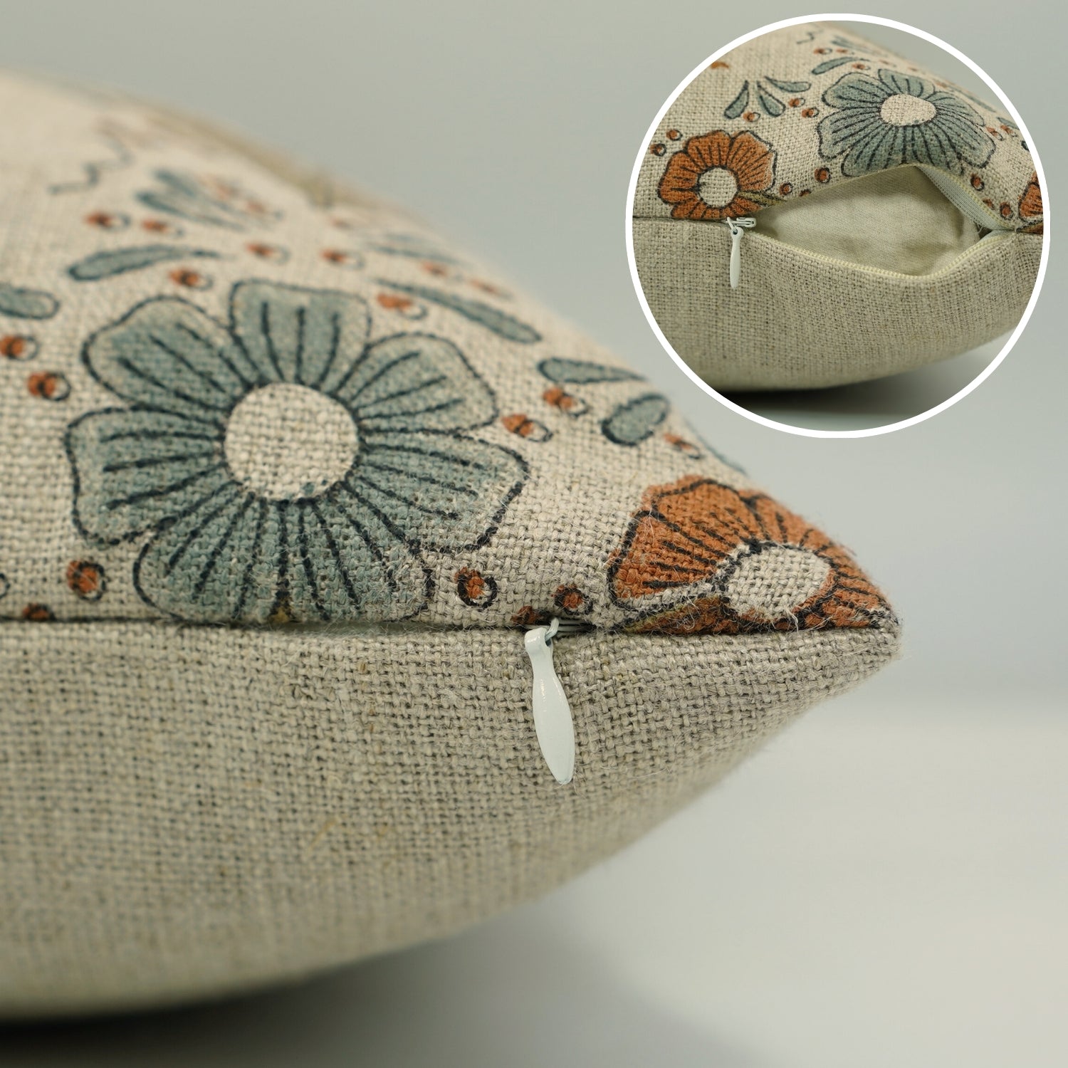 Handblock Printed Orange Floral Lumber Pillow Cover in Durable Thick Linen - Vanshika By Fabdivine