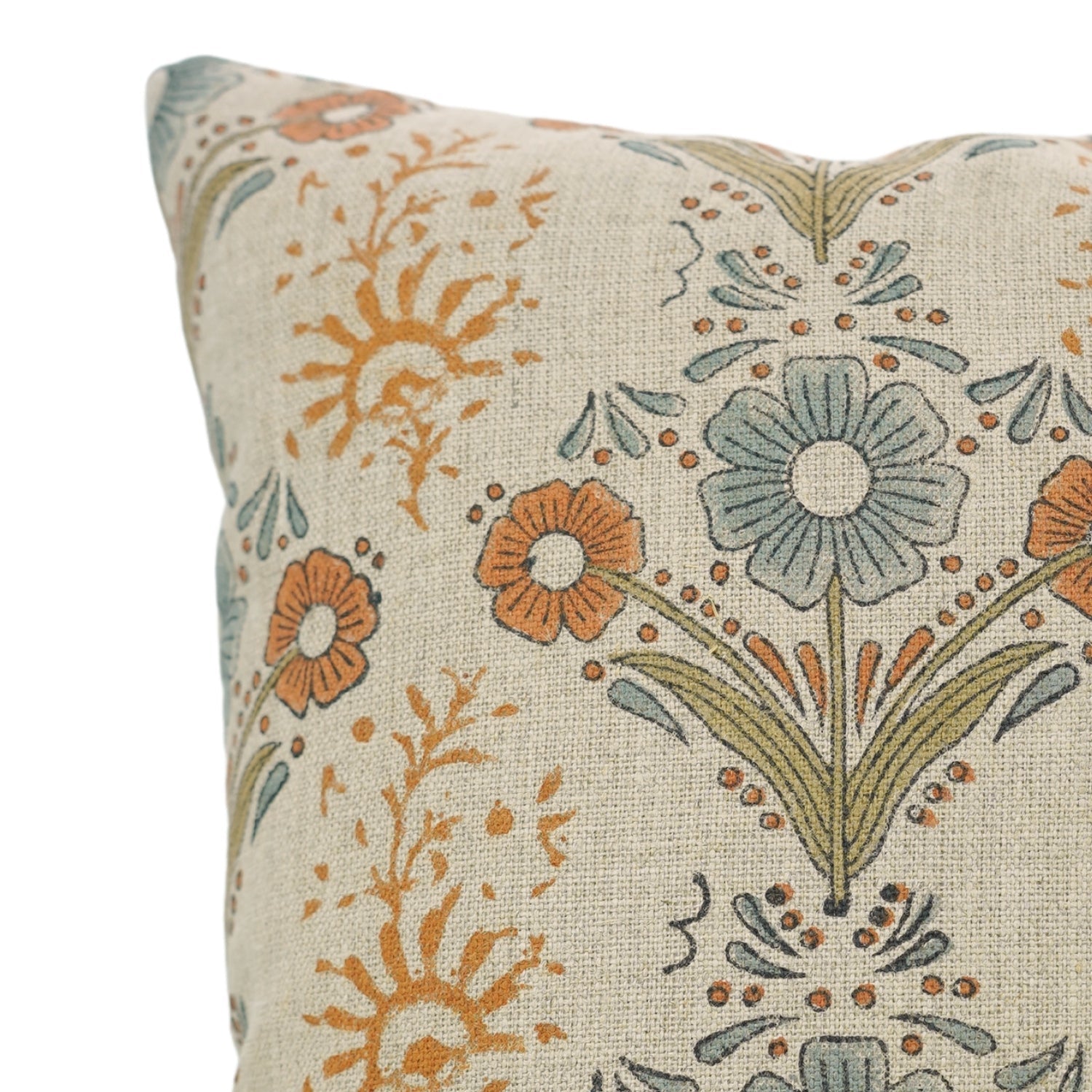 Handblock Printed Orange Floral Lumber Pillow Cover in Durable Thick Linen - Vanshika By Fabdivine