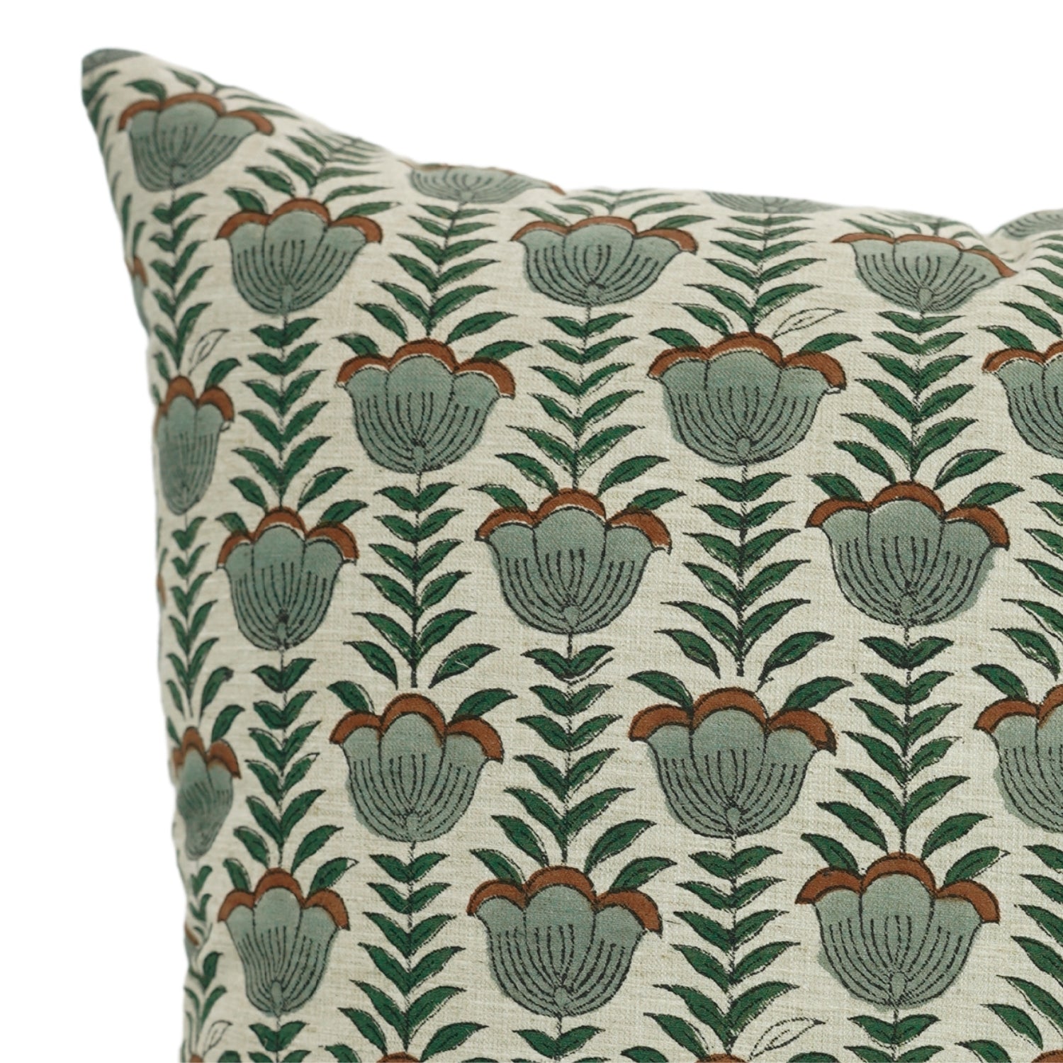 Hand Block Printed Cushion Case with Brown,Gray and Green Leaf Floral Design