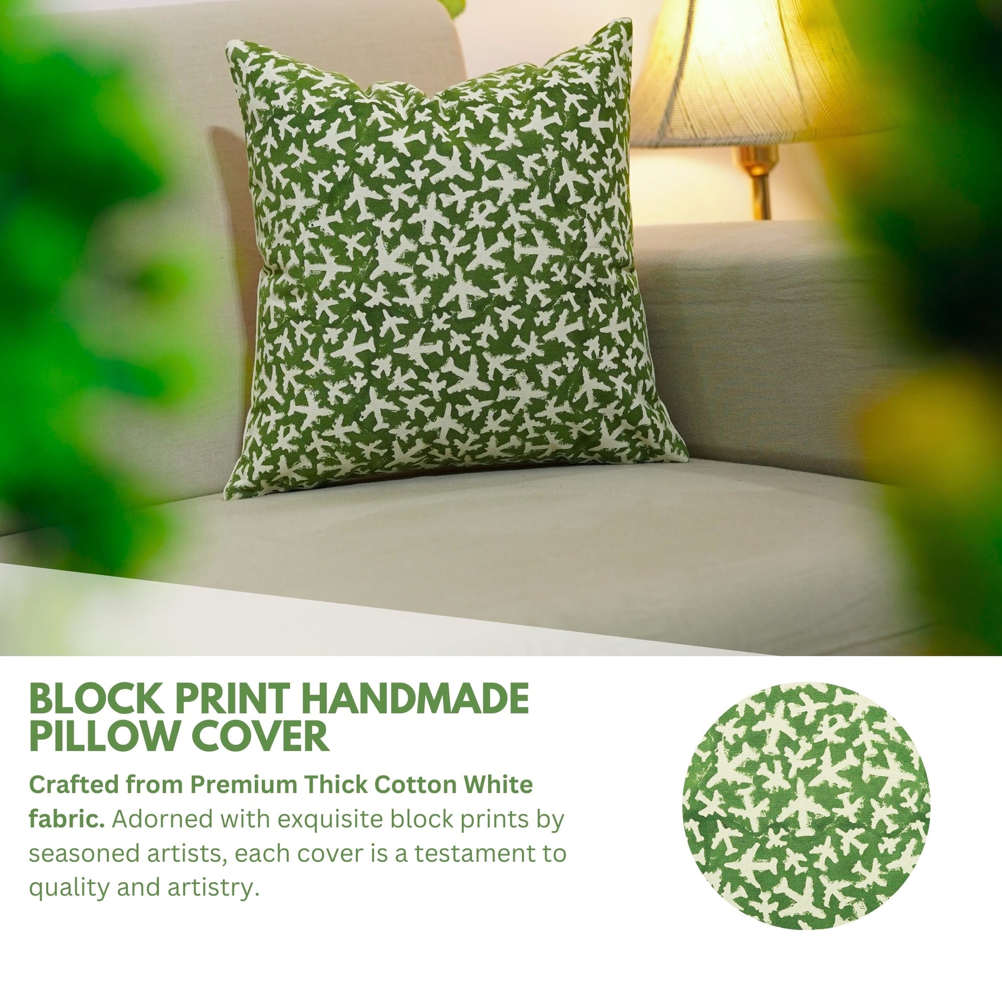 Block Printed Decorative Green Pillow Cover – Thick Cotton Floral Design Elegant Home Décor - Pushpak Vimaan By Fabdivine