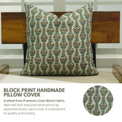 Hand Block Printed Cushion Case with Brown,Gray and Green Leaf Floral Design