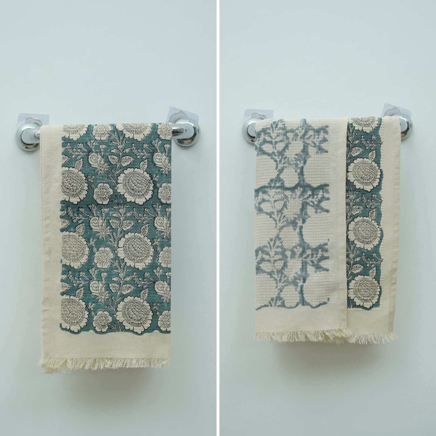 Block Printed Cotton Waffle Mini Towels Handmade for Guest & Kitchens - Sun Flower Blue By Fabdivine