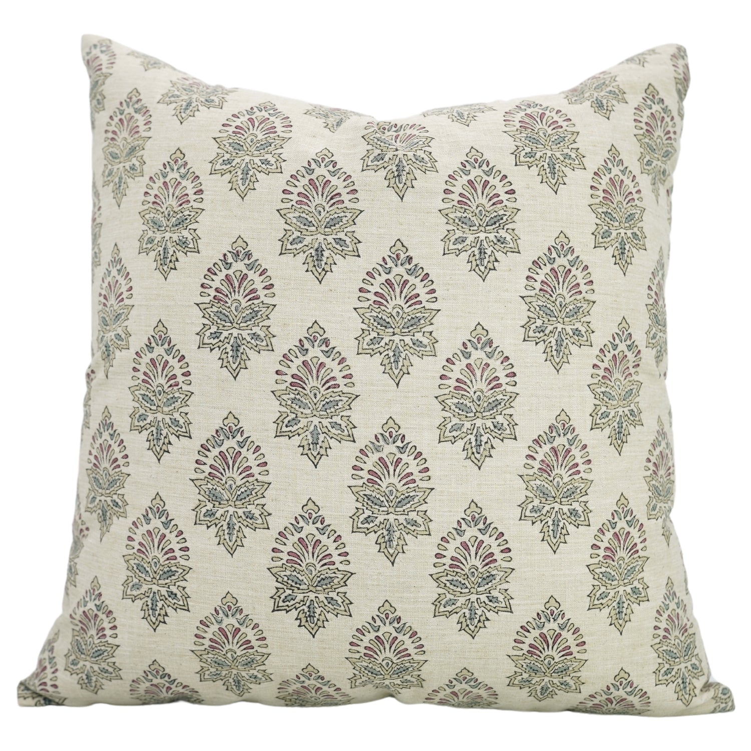 Premium Linen Blend Indoor Pillow Cover - Hand Block Printed Brown and Gray Floral with Invisible Zipper