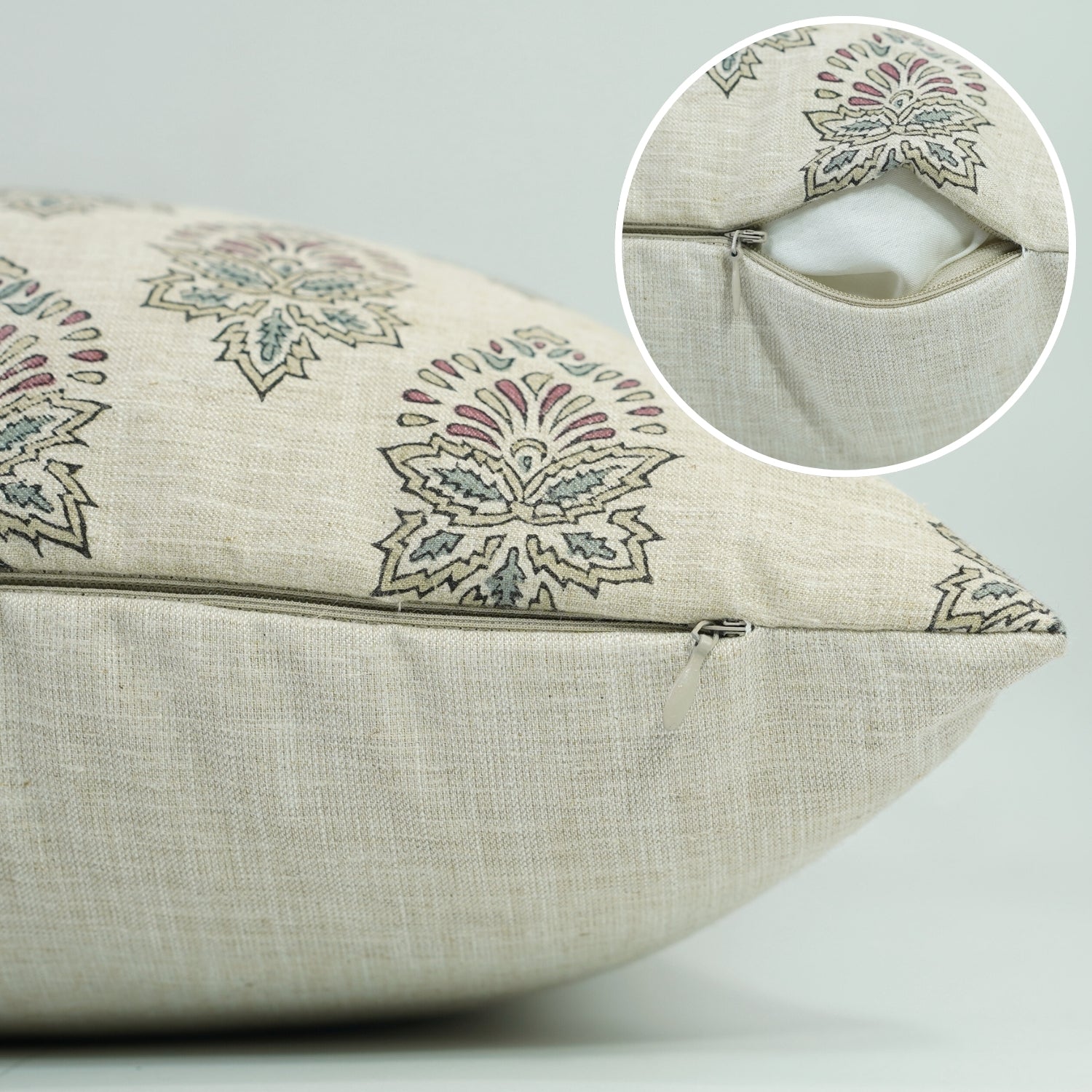 Linen Blend Indoor Pillow Cover - Hand Block Printed Brown and Gray Floral with Invisible Zipper