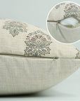 Linen Blend Indoor Pillow Cover - Hand Block Printed Brown and Gray Floral with Invisible Zipper