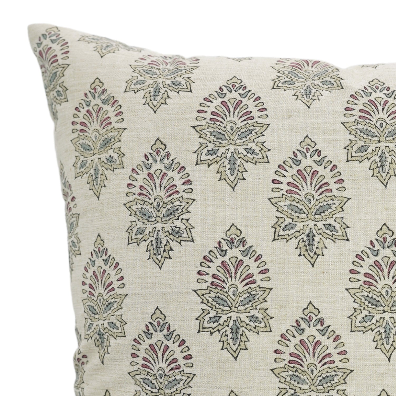 Linen Blend Indoor Pillow Cover - Hand Block Printed Brown and Gray Floral with Invisible Zipper