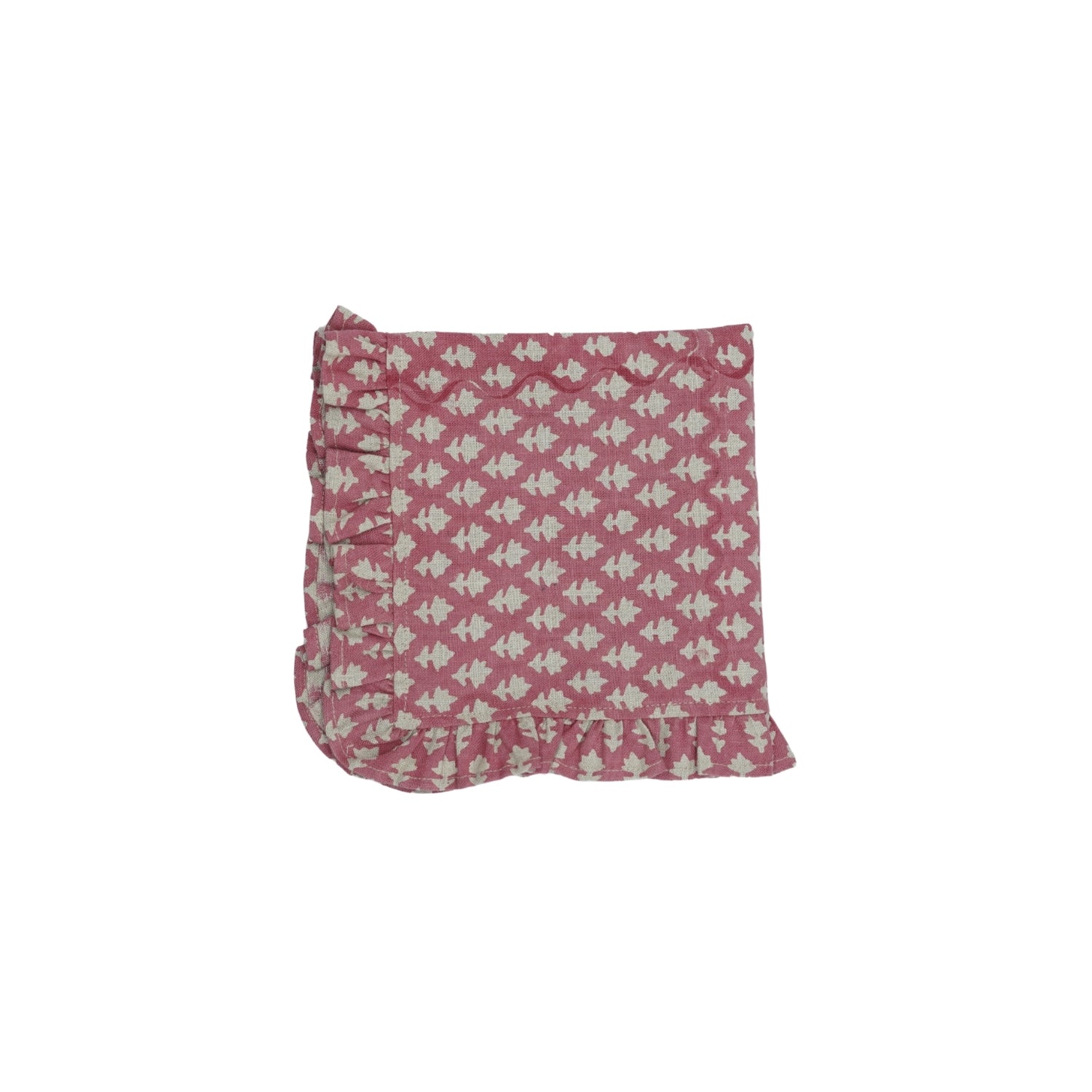 Floral Handblock Printed Frill Adorned Linen Table Napkins PinkCity Fabric in Pink Color