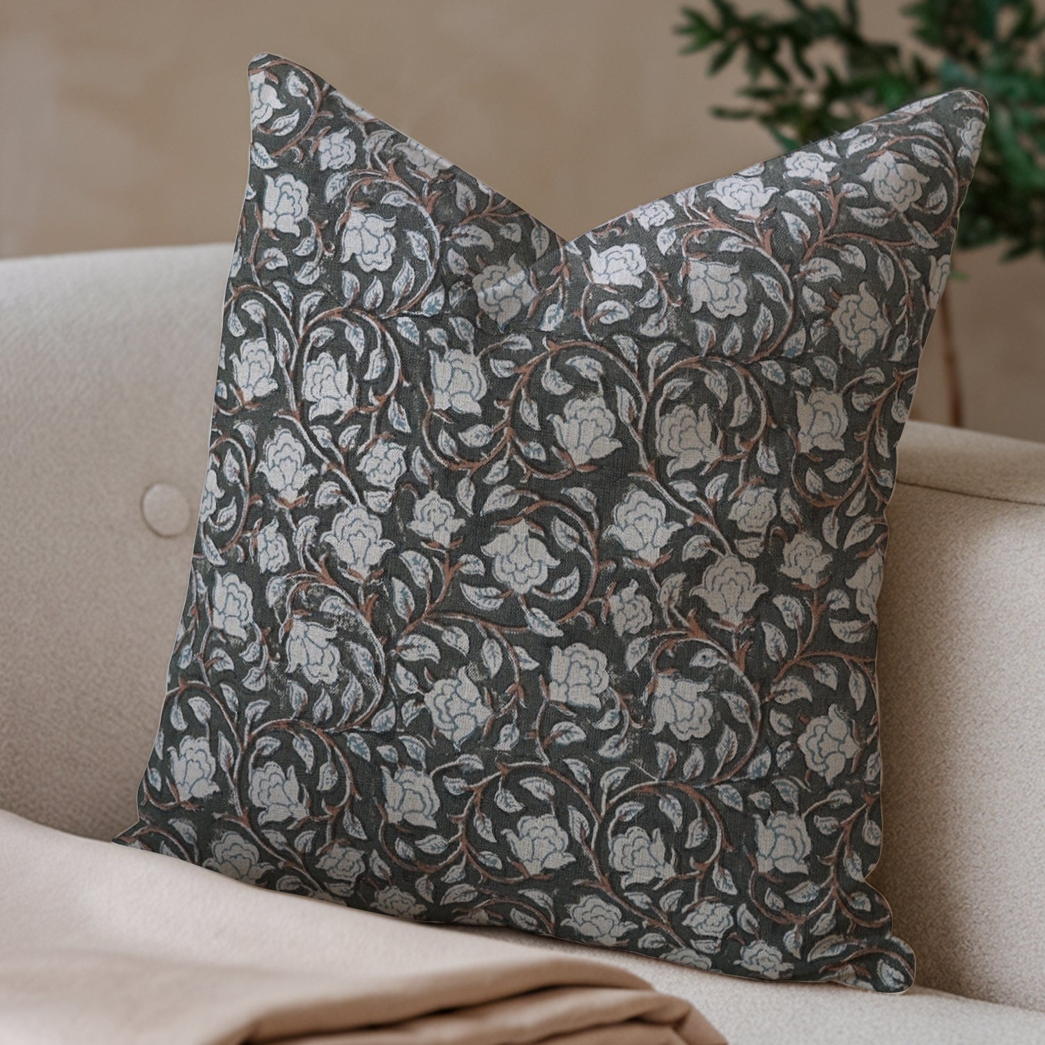 Throw Pillow Cover Designer Collection Of Hand Block Print Pure Linen - Amritvela