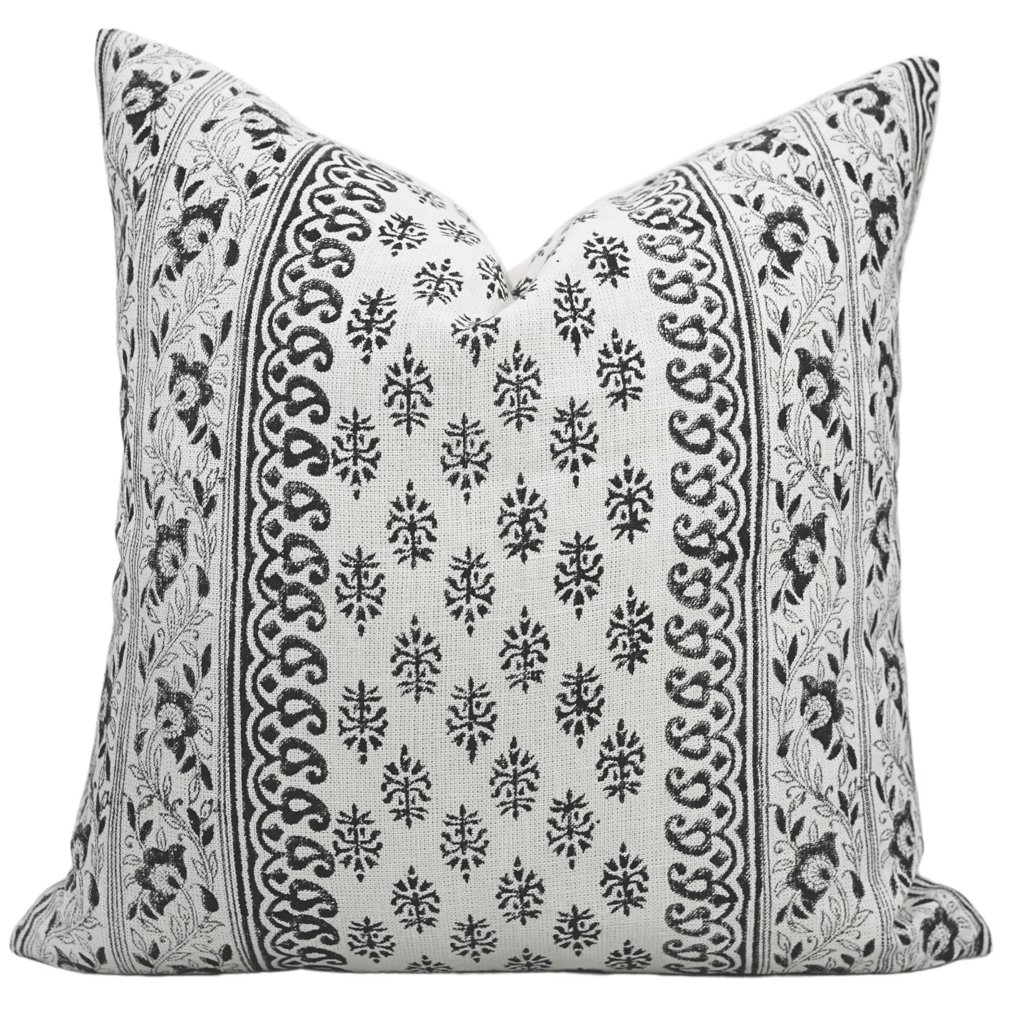 Hand Block Printed Off White Linen Designer Pillow Cover -  Flower Buta By Favdivine